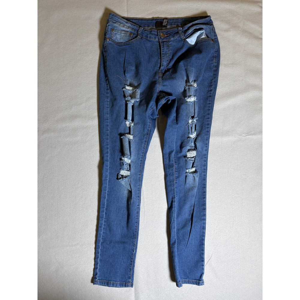 B.O.B. Jeans Womens 2X Blue Distressed Skinny Denim Medium Wash Shredded Edgy